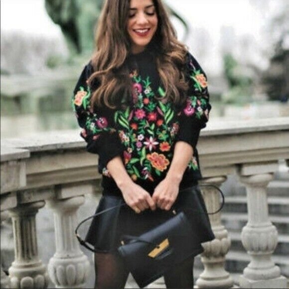Zara Tops - Zara Black Floral Embroidered Sweatshirt Women’s Size Small Bloggers Favorite.